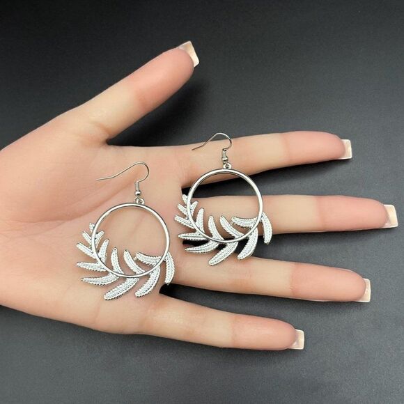Silver Round Circular Open Hoop Fern Leaf Dangling Drop Hook Earrings - Picture 8 of 8